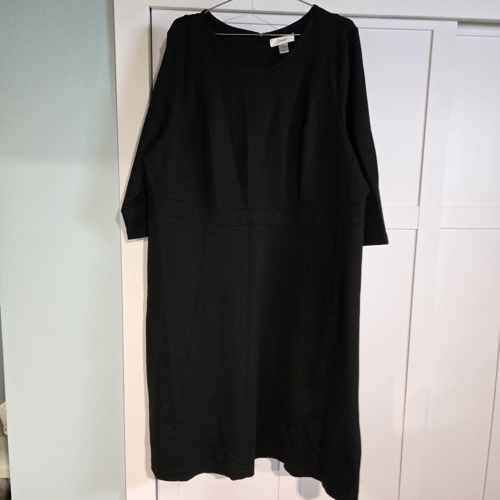 NWOT CJ Banks 24W Black Ponte Knit Stretch Fitted Pencil Sheath 3/4 Sleeve Dress